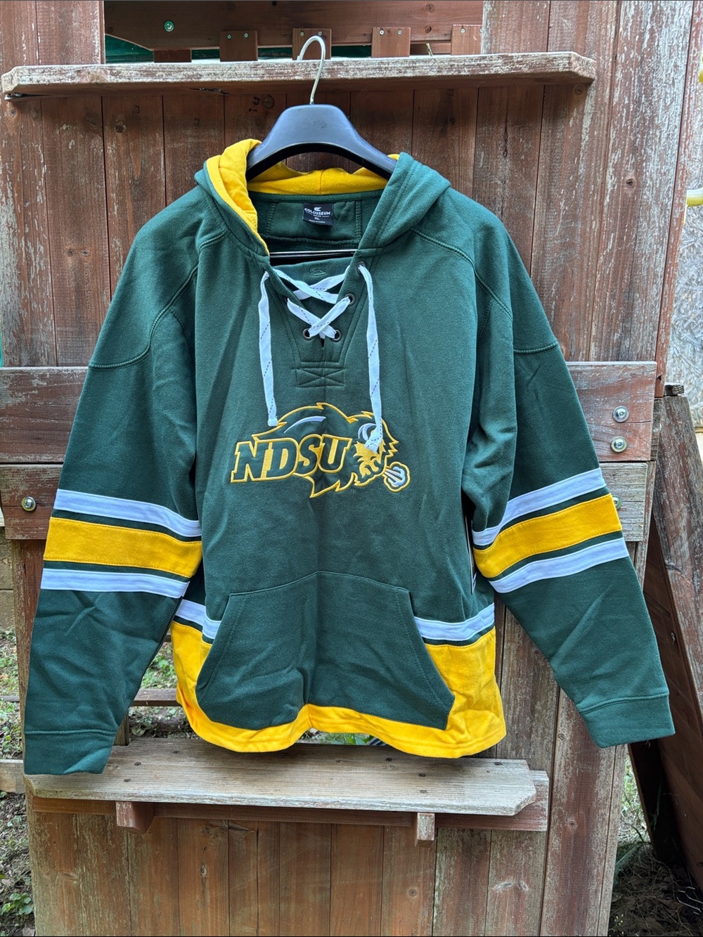 Colosseum NDSU Green and Yellow Lace-Up Crewneck Hoodie Sweater